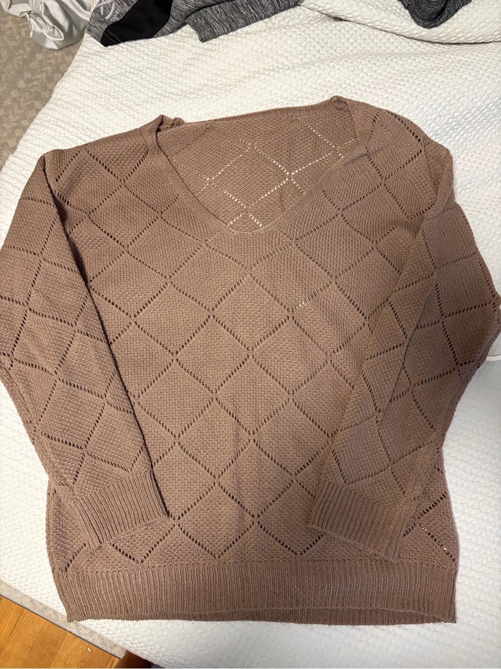 Classic V-Neck Openwork Sweater in Taupe